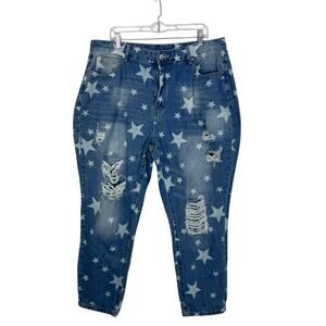 NWT Mekool Distressed Blue With Star Print High Waisted Jeans Pants Size 2XL